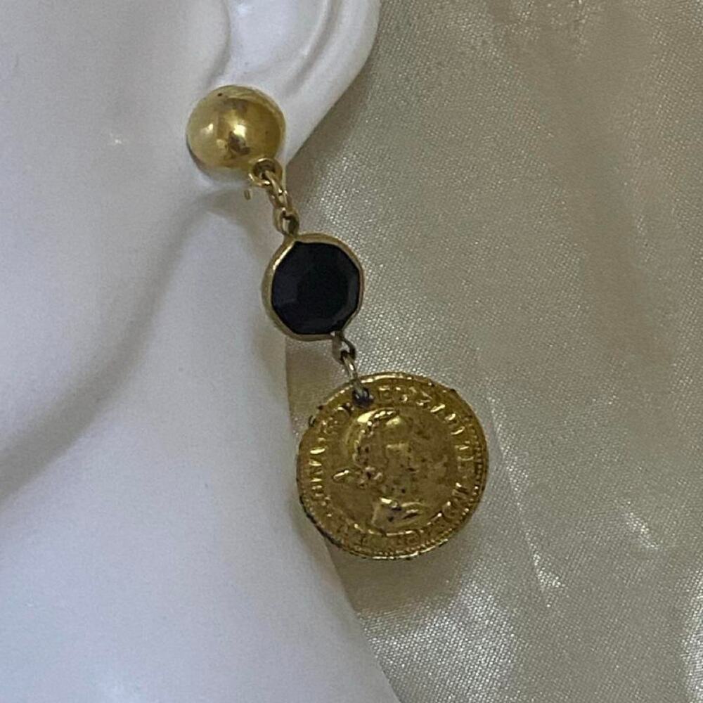 1967 British Halfpenny Coin Earrings Black Bead Gold Tone Dangles